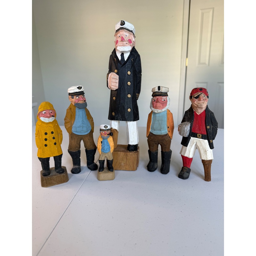 Vintage Nanco Carved Wooden Captain Fisherman Crew Figurines Lot of 5 Folk Art